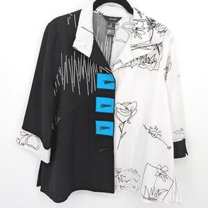 Ali Miles Blouse Womens Petite Medium Black White Colorblock Abstract Artsy Top